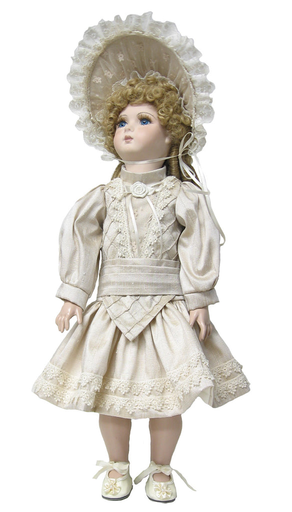 Beige Victorian Dropped Waist Dress for 18" Antique Dolls